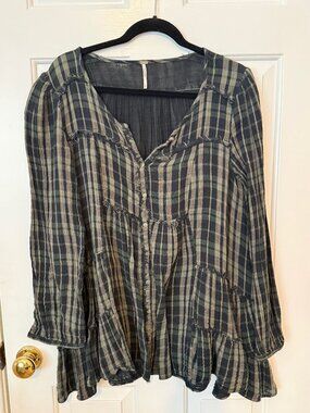 Free People Blue/Green/Black Muted Plaid Tunic_Size Med